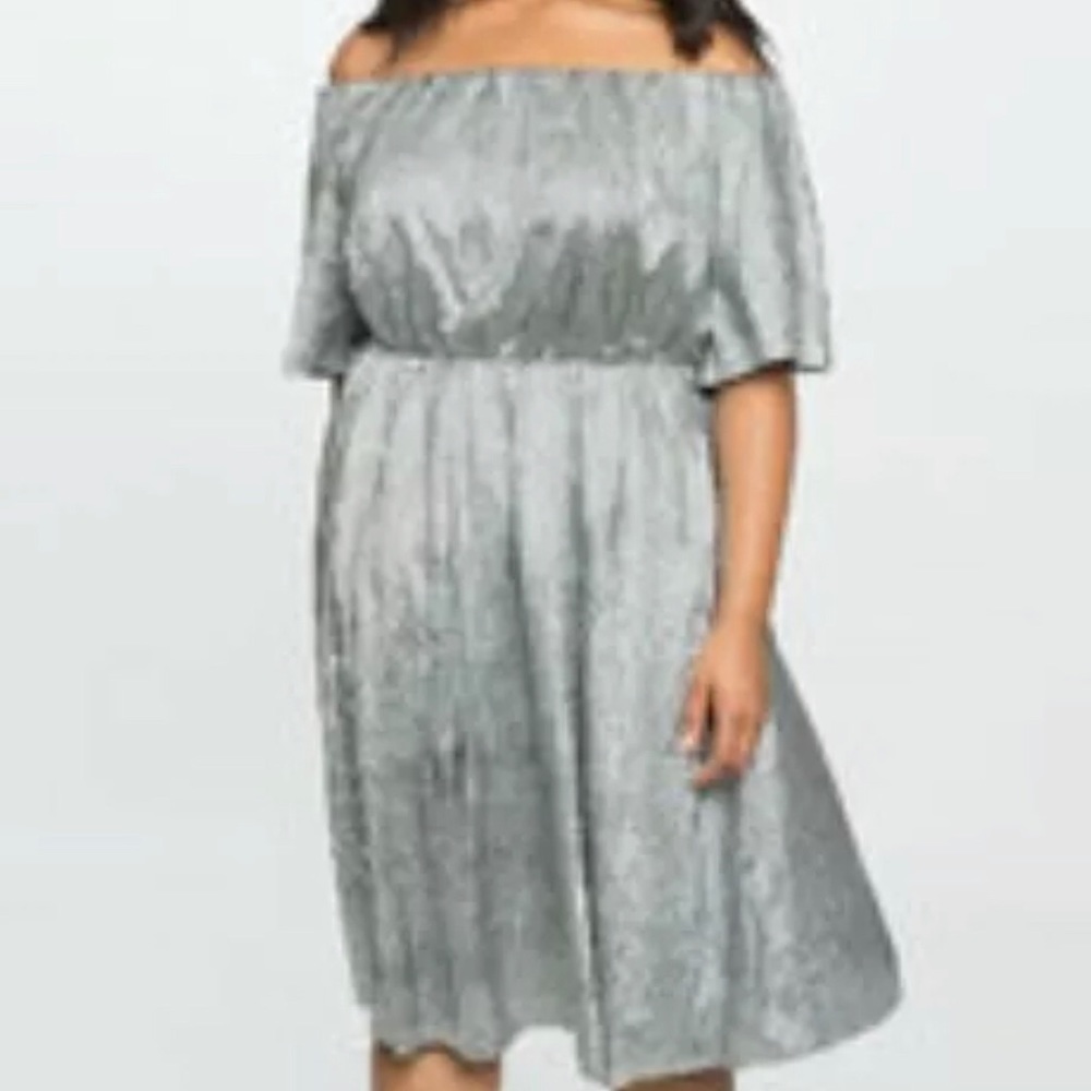 Eloquii Metallic Silver Lame’ off shoulder dress